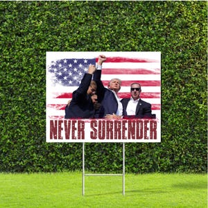 May include: A yard sign with a red, white, and blue American flag background. Three men are standing in front of the flag. The man in the center is raising his fist in the air. The text "NEVER SURRENDER" is printed in red at the bottom of the sign.