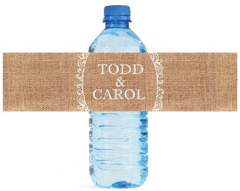 Burlap and Fancy white frame lace Wedding Water Bottle Labels Great for Engagement Bridal Shower Party 2 sizes available