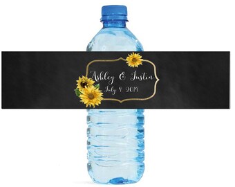 Sunflower Frame on Chalkboard Wedding Water Bottle Labels Great for Engagement Bridal Shower Birthday Party Anniversary