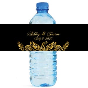Black and Gold Peacock Themed Water Bottle Labels Great for weddings, anniversary, birthday, engagement party and any other special occasion