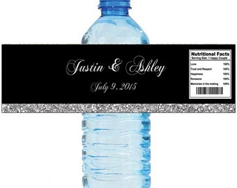 Black and Silver Glitter  Wedding Anniversary Water Bottle Labels Customizeable labels 2 sizes available