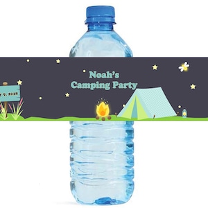 Camping Theme Custom Water Bottle Labels Great for Birthdays, get togethers, backyard camping, Beach camping, Kids Party
