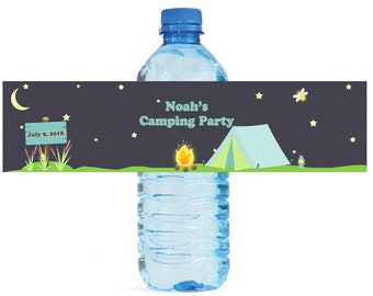 Camping Theme Custom Water Bottle Labels Great for Birthdays, get togethers, backyard camping, Beach camping, Kids Party