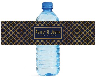 Gold Ornament on dark background Wedding Anniversary Engagement party, birthday, family reunion Water Bottle Customizable labels