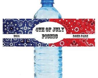 4th of July Independance Day Bash Water Bottle Labels Great for Party Get together 7"x2" Red Blue  Bandana