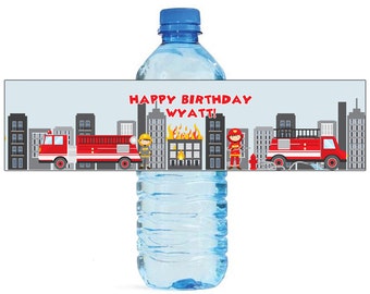 Fire Fighter Theme Water Bottle Labels Celebrations Birthday Party, Kids party, firemen party