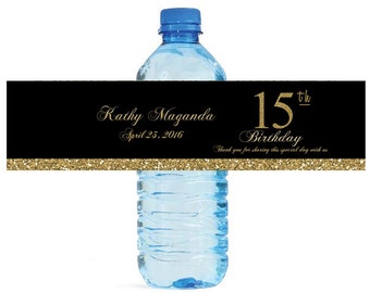 Quinceanera Sweet 15 Birthday Black & Gold Water Bottle Labels easy to apply and use