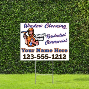 Könnte beinhalten: Ein weißes Schild für den Garten mit blauem und orangefarbenem Text, das Fensterputzdienste bewirbt. Das Schild zeigt eine Comic-Illustration einer Frau, die ein Fenster putzt. Der Text lautet "Fensterreinigung", "Reinigungsdienst", "Wohnungen", "Gewerbe", "Ihr Name hier" und "123-555-1212".