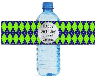 Green and Blue Argyle Golf Pattern Water Bottle Labels Great for Birthday Party get together, golf lovers, outdoor parties, tee time