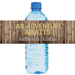 Rustic Wood Marquee Letters An Adventure Awaits Wedding Anniversary Engagment Party Water Bottle Labels Customizeable self stick labels