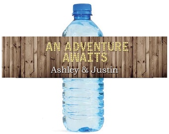 Rustic Wood Marquee Letters An Adventure Awaits Wedding Anniversary Engagment Party Water Bottle Labels Customizeable self stick labels