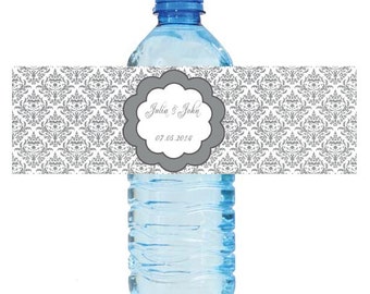 Silver Damask Wedding Anniversary Water Bottle Labels Great for Engagement Bridal Shower Party