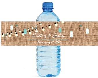 Burlap and hanging Mason Jars with Market lights Wedding Anniversary Water Bottle Labels Customizeable labels self stick, easy to use