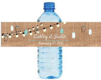 Burlap and hanging Mason Jars with Market lights Wedding Anniversary Water Bottle Labels Customizeable labels self stick, easy to use