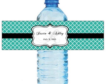 Teal Monogram Water Bottle Labels Great for Engagement Bridal Shower Wedding anniversary birthday Party