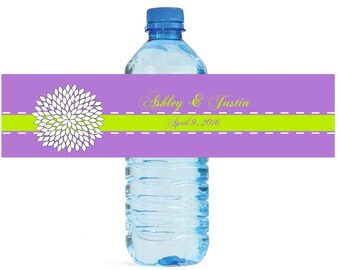 White Dahlia with Lavender and Green Wedding Anniversary Sweet 16 Water Bottle Labels Great for Engagement Bridal Shower Party