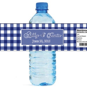 Blaue Gingham Muster Hochzeit Wasserflasche Etiketten ideal für Engagement Braut Dusche Party Picknick