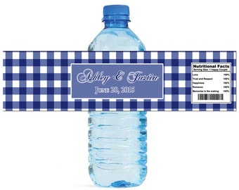 Blue Gingham Pattern Wedding Water Bottle Labels Great for Engagement Bridal Shower Party Picnic