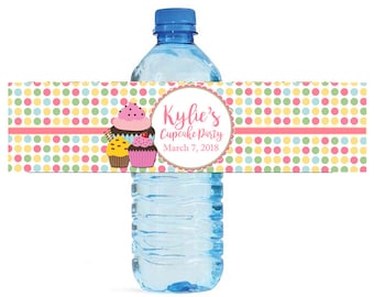 Cupcake Party Theme Water Bottle Labels Great for Birthday parties, celebrations, sleep overs, graduation easy to use self stick labels