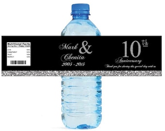 Black and Silver Glitter 10th Anniversary Water Bottle Labels Customizeable labels Self Stick, Easy to use