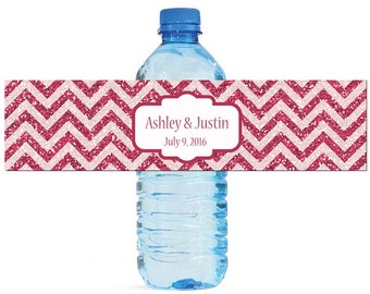 Chevron Red Glitter Shabby Chic Wedding Anniversary Water Bottle Labels Customizable labels 2 sizes available