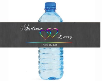 Modern Rainbow Hearts Wedding Anniversary Engagment Party Water Bottle Labels Customizeable self stick gay lesbian pride equal