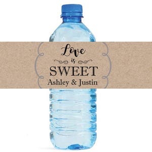 Love is Sweet on Kraft paper water bottle labels Wedding Bridal shower Water Bottle Labels Great for Engagement Party image 1