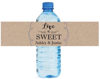 Love is Sweet on Kraft paper water bottle labels Wedding Bridal shower Water Bottle Labels Great for Engagement Party