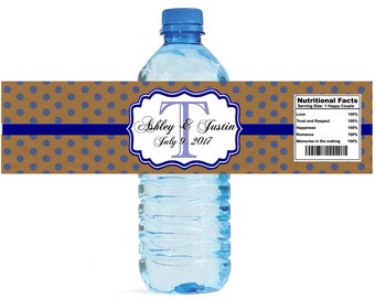 Kraft paper and navy blue glitter dots Monogram Wedding Water Bottle Labels Great for Engagement Bridal Shower Anniversary Party self stick