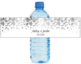 Black and White Bokeh soft background Wedding Anniversary Water Bottle Labels Customizable easy to use self stick labels