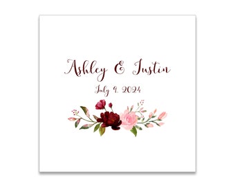 Blush and Burgandy Arrangement Themed 3 ply Premium Custom Cocktail Napkins Measure 5"x5" Customize Names & Date or any other message