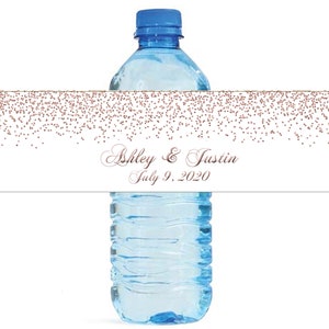 Rose Gold Confetti falling on white background Wedding Anniversary Water Bottle Labels Customizable labels self stick, easy to use