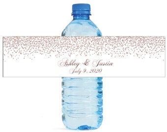 Rose Gold Confetti falling on white background Wedding Anniversary Water Bottle Labels Customizable labels self stick, easy to use