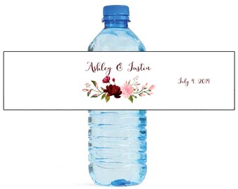 Blush & Burgandy Arrangement with White Background Wedding Water Bottle Labels Great for Engagement Bridal Shower Party