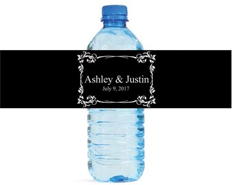 Elegant Black and Fancy White Frame Wedding Water Bottle Labels Great for Engagement Bridal Shower Party Birthday anniversaries
