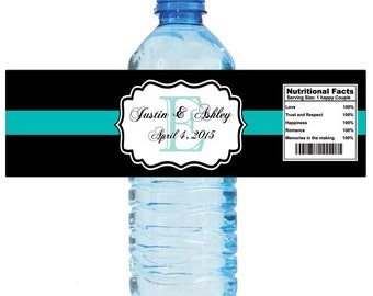 Black with Blue Monogram Wedding Water Bottle Labels Great for Engagement Bridal Shower Party 2 sizes available