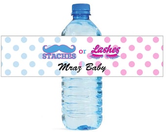 Staches or Lashes Gender Reveal Baby Shower Water Bottle Labels Celebrations Baby coming boy girl Mustache