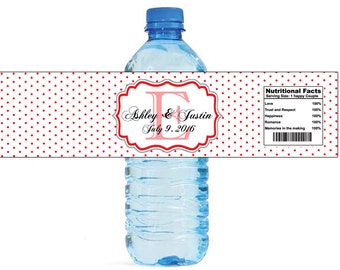 Red Swiss Monogram Wedding Water Bottle Labels Great for Engagement Bridal Shower Party easy to apply and use