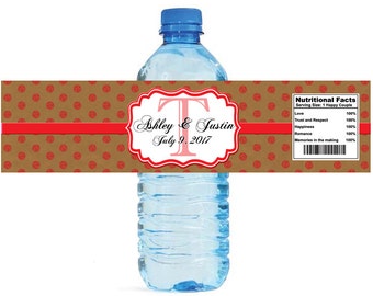 Kraft paper and red glitter dots Monogram Wedding Water Bottle Labels Great for Engagement Bridal Shower Anniversary Party self stick