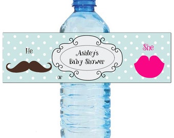 He or She Gender Reveal Baby Shower Water Bottle Labels Celebrations Baby coming boy girl Mustache