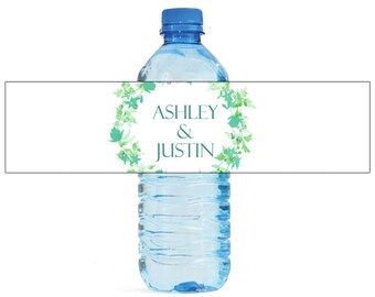 Green Floral Wreath white background Wedding Water Bottle Labels Great for Engagement Bridal Shower Birthday Party