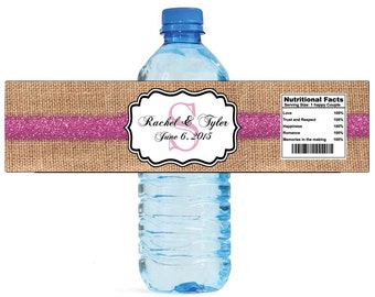 Burlap with Pink Glitter Stripe Monogram Wedding Water Bottle Labels Great for Engagement Bridal Shower Party 2 sizes available