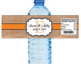 Burlap Tangerine Orange Stripe Monogram Wedding Water Bottle Labels Great for Engagement Bridal Shower Party 2 sizes available