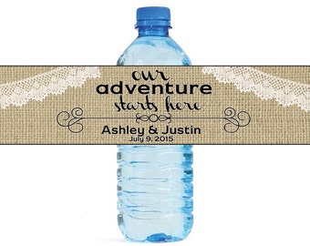 Burlap Our Adventure Starts Here Wedding Water Bottle Labels Great for Engagement Bridal Shower Party Self Stick Labels
