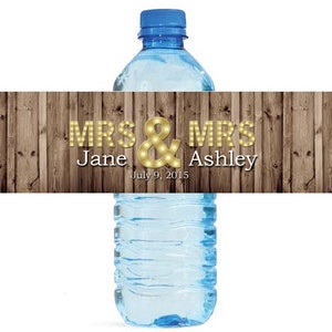 Rustic Wood Marquee Mrs. & Mrs Wedding Anniversary Engagment Party Water Bottle Labels Customizeable self stick labels