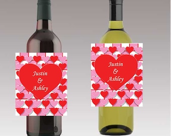 Hearts Label Valentine Beer or Wine Bottle Labels Valentine Day Customizeable