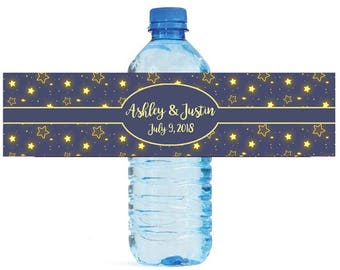 Glowing Stars on blue background Wedding Anniversary Birthday Water Bottle Labels Customizable labels self stick, easy to use