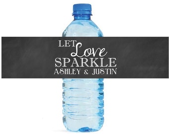 Chalkboard Let Love Sparkle Wedding Anniversary Water Bottle Labels Customizable labels self stick, easy to use