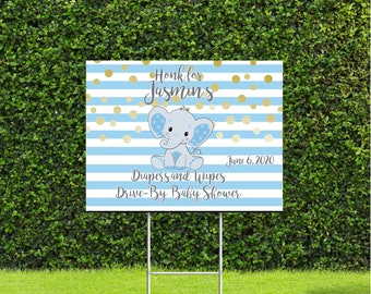 Diapers and Wipes Drive by Baby Shower Sign Customizable Baby Elephant Baby Blue and White Sign with Stake