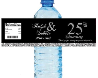 Black and Silver Glitter 25th Anniversary Water Bottle Labels Customizeable labels 2 sizes available